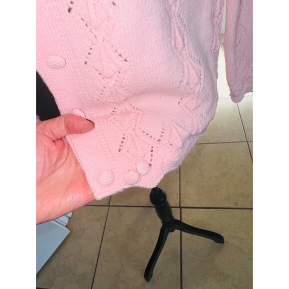 Vintage Sidney Gould Pink Cable Knit Cardigan Sweater Crochet Preppy Cottage S - Picture 10 of 11